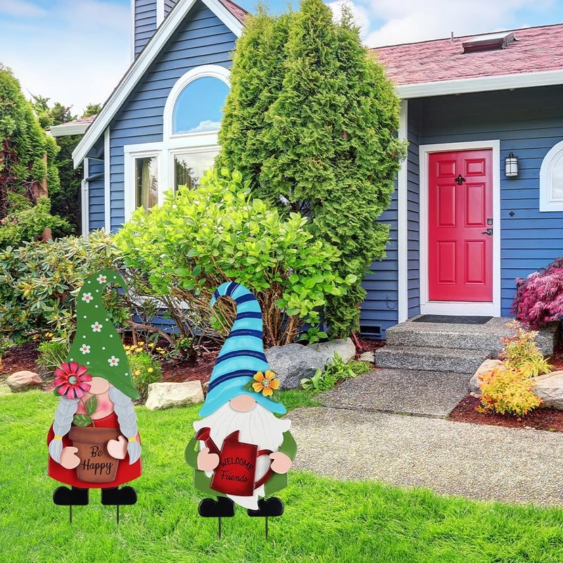 YEAHOME Garden Decor for Outside, Set of 2 Metal Gnomes 27.6” Decorative Garden Stakes with Flowers for Spring Decor, Yard Art Stakes for Outdoor Lawn Backyard Porch Garden Decorations - Image 3
